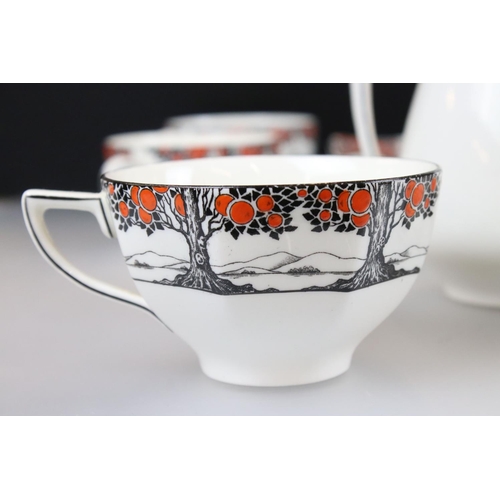 22 - Art Deco Crown Ducal ' Orange Tree (A1211) ' pattern part service including Teapot, Lidded Tureen wi... 