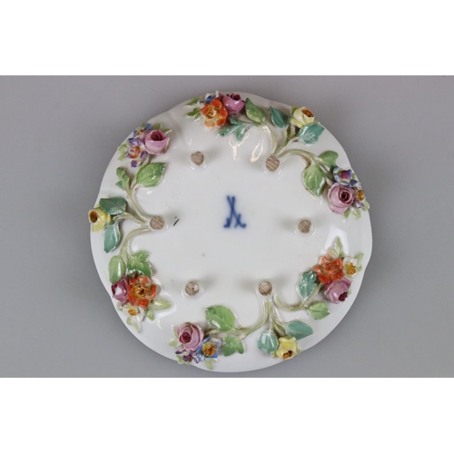 28 - Meissen Porcelain Cabinet Cup and Saucer, floral encrusted and painted with flowers, blue cross swor... 