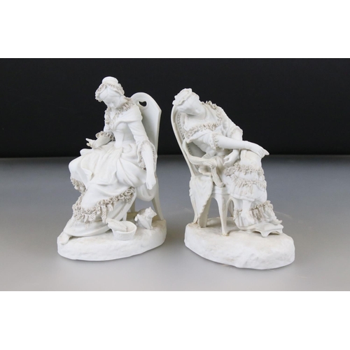 3 - Two Parian ware Figures of Seated Ladies sat in Chairs, Sevres style scroll marks to base, 19cm high