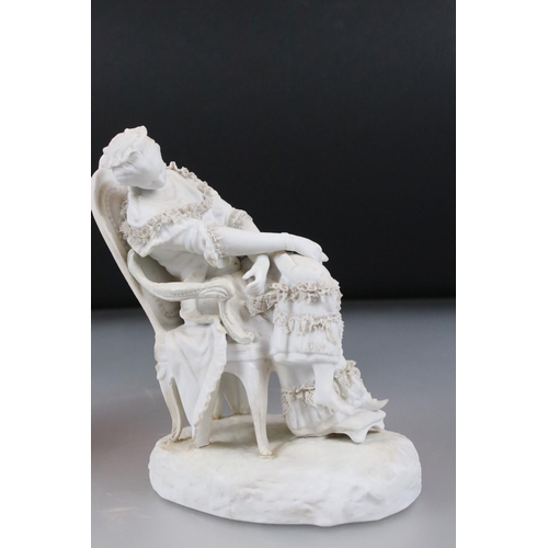 3 - Two Parian ware Figures of Seated Ladies sat in Chairs, Sevres style scroll marks to base, 19cm high