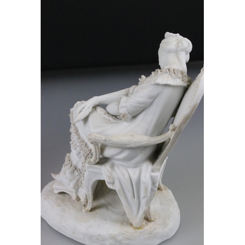 3 - Two Parian ware Figures of Seated Ladies sat in Chairs, Sevres style scroll marks to base, 19cm high