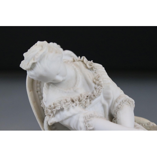 3 - Two Parian ware Figures of Seated Ladies sat in Chairs, Sevres style scroll marks to base, 19cm high