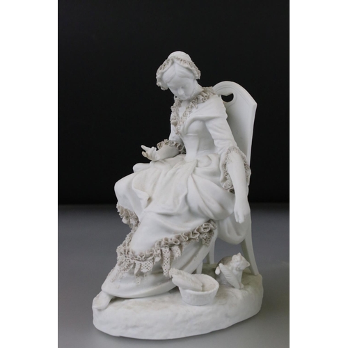 3 - Two Parian ware Figures of Seated Ladies sat in Chairs, Sevres style scroll marks to base, 19cm high