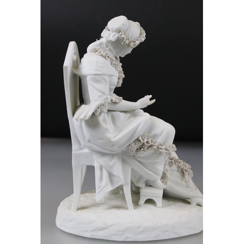 3 - Two Parian ware Figures of Seated Ladies sat in Chairs, Sevres style scroll marks to base, 19cm high