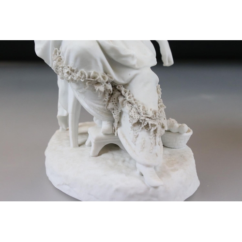 3 - Two Parian ware Figures of Seated Ladies sat in Chairs, Sevres style scroll marks to base, 19cm high