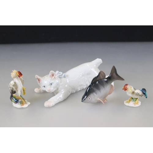 33 - Meissen Porcelain Figure of a White Cat crawling (tail missing) together with Two Continental Porcel... 