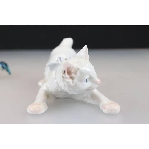 33 - Meissen Porcelain Figure of a White Cat crawling (tail missing) together with Two Continental Porcel... 