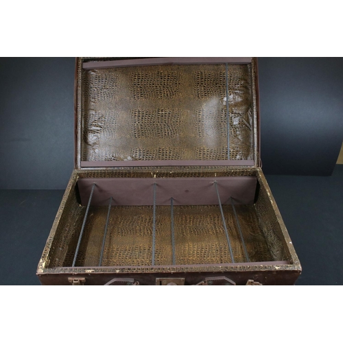 337 - Two vintage brown leather suitcases together with a hat box.