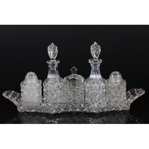 34 - Early 20th century Hobnail Cut Five Piece Cruet Set on Tray, 33cm long