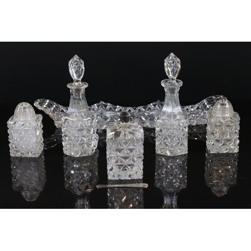 34 - Early 20th century Hobnail Cut Five Piece Cruet Set on Tray, 33cm long