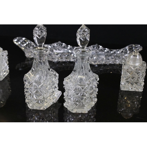 34 - Early 20th century Hobnail Cut Five Piece Cruet Set on Tray, 33cm long