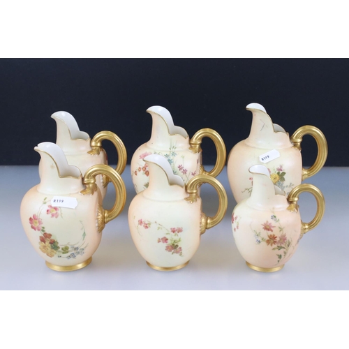 37 - Six 19th and Early 20th century Royal Worcester Blush Ivory Flat Sided Jugs, all pattern no. 1094, a... 