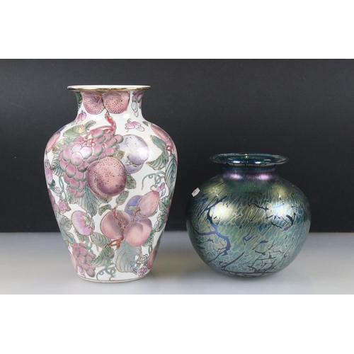 38 - Royal Brierley Studio Iridescent Glass Bulbous Vase, 17cm high together with Modern Porcelain Hand P... 