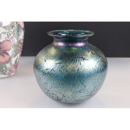 38 - Royal Brierley Studio Iridescent Glass Bulbous Vase, 17cm high together with Modern Porcelain Hand P... 