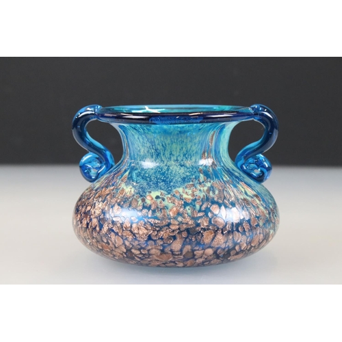 41 - Blue and Green Mottled Glass Twin Handled Vase with gold adventurine flakes, probably Monart, 8.5cm ... 