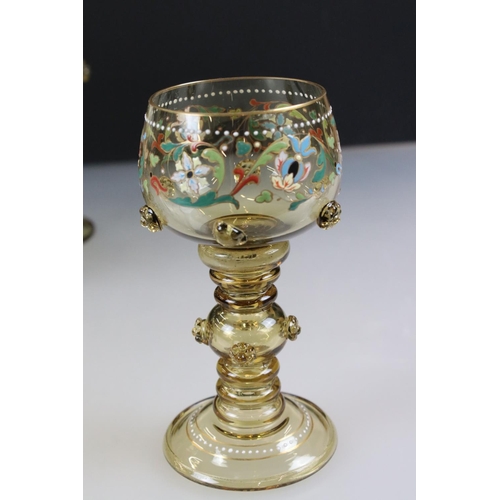 42 - Set of six Bohemian green ground hock glasses with enamelled floral decoration and roundels