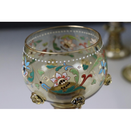 42 - Set of six Bohemian green ground hock glasses with enamelled floral decoration and roundels