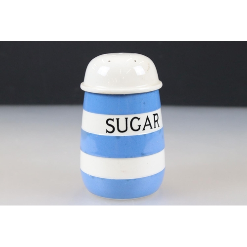 47 - T G Green Cornishware Blue and White Sugar Shaker, green shield mark to base, 12cm high