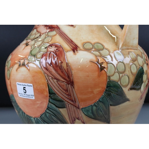 5 - Moorcroft Large Twin Handled Vase decorated in the Fruits and Finches pattern on Ochre ground, impre... 