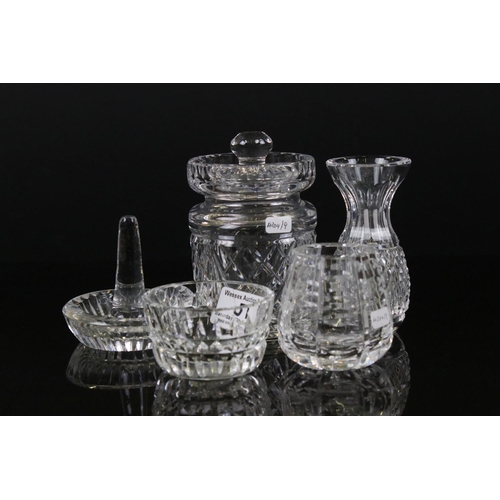 51 - Five Waterford Crystal cut glass items, to include lidded preserve pot, ring holder dish, bud vase e... 