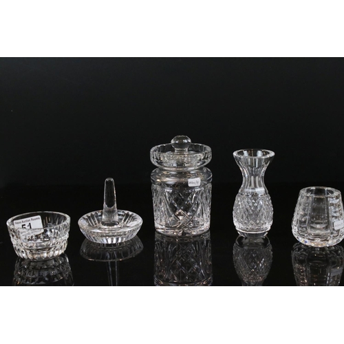 51 - Five Waterford Crystal cut glass items, to include lidded preserve pot, ring holder dish, bud vase e... 