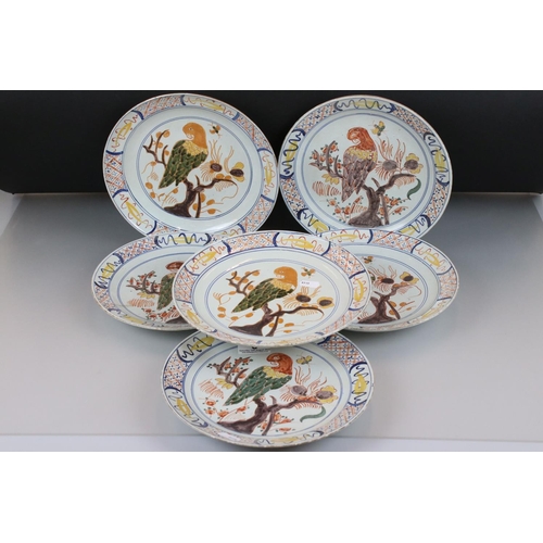 6 - Set of Six Delft Polychrome Tin Glazed Plates hand painted decoration of birds, marked ARK to backs,... 