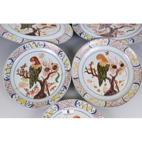 6 - Set of Six Delft Polychrome Tin Glazed Plates hand painted decoration of birds, marked ARK to backs,... 