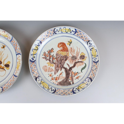 6 - Set of Six Delft Polychrome Tin Glazed Plates hand painted decoration of birds, marked ARK to backs,... 