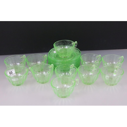 60 - Uranium Glass - Eleven Cups and Nine Saucers