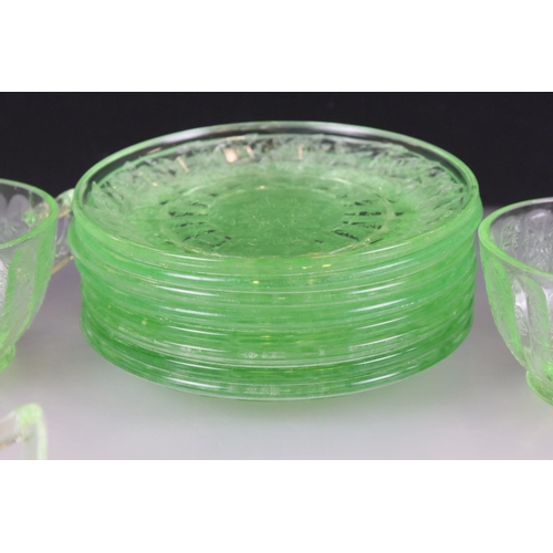 60 - Uranium Glass - Eleven Cups and Nine Saucers