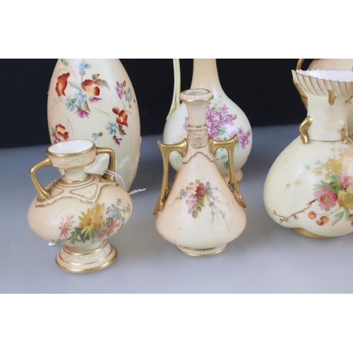 62 - Six Early 20th century Royal Worcester Blush Ivory Vase, all painted with flowers, tallest 14cm toge... 