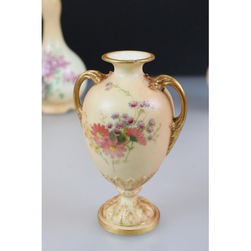 62 - Six Early 20th century Royal Worcester Blush Ivory Vase, all painted with flowers, tallest 14cm toge... 