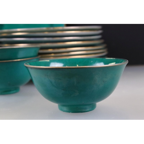 67 - Eleven Chinese Green Glazed Plates with Gold Rim together with Eleven matching Bowls, red character ... 