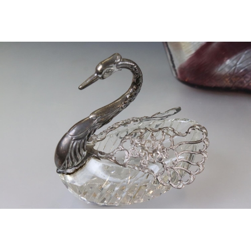 69 - Silver and Cut Glass Dish in the form of a Swan, 14cm long together with Two Italian Murano Glass Bo... 