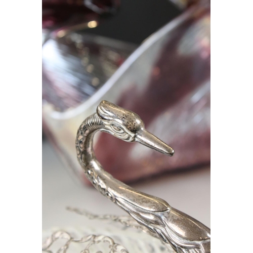 69 - Silver and Cut Glass Dish in the form of a Swan, 14cm long together with Two Italian Murano Glass Bo... 