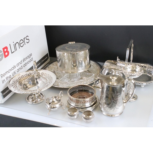 81 - A collection of mixed silver plate to include trays, teapots, cruets, jugs, tazza...etc.. together w... 