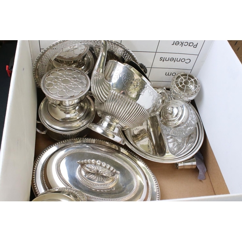 81 - A collection of mixed silver plate to include trays, teapots, cruets, jugs, tazza...etc.. together w... 