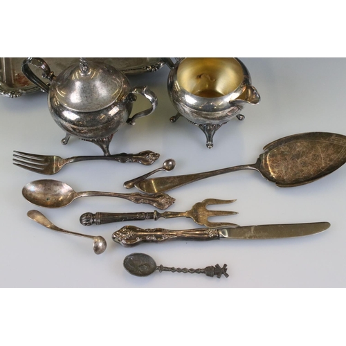 82 - A small collection of mixed silver plate to include coffee pot, jug, sugar bowl, cutlery...etc.