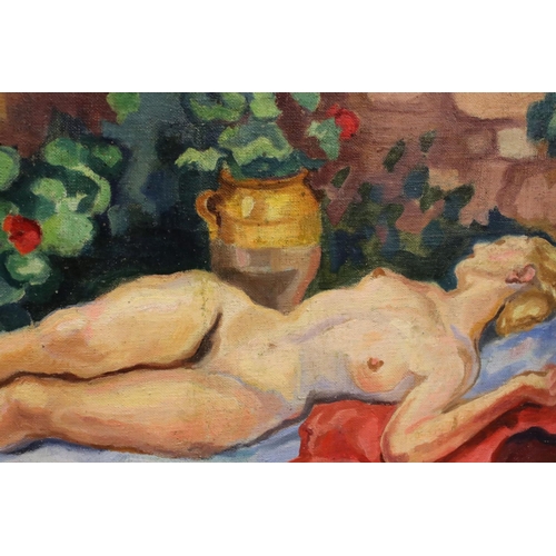 85 - Oil Painting on Canvas of a reclining nude woman in a garden, signed Benoit 1930, 46cm x 37cm, frame... 