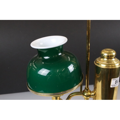 86 - Victorian Adjustable Brass Oil Lamp with Green Glass Shade, 56cm high