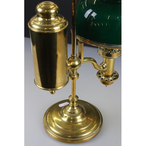 86 - Victorian Adjustable Brass Oil Lamp with Green Glass Shade, 56cm high