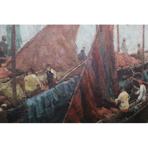 93 - Oil Painting on Board of Cornish Fishing Boats coming into Harbour, after Harold Harvey, signed lowe... 