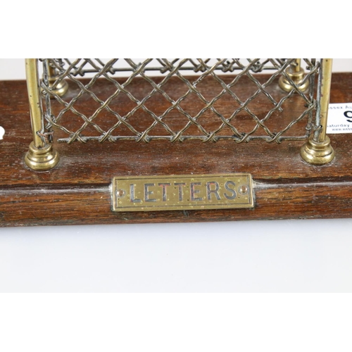 96 - Edwardian Brass Mesh Letter Rack on an Oak Base, 26cm long