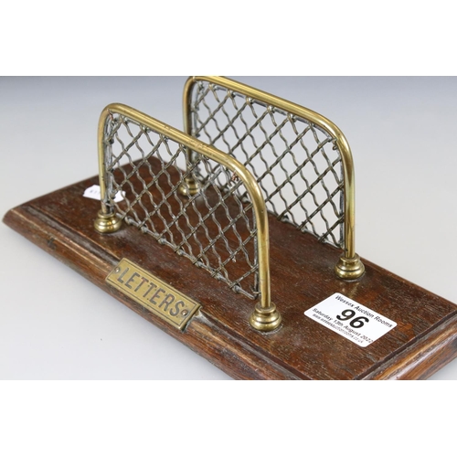 96 - Edwardian Brass Mesh Letter Rack on an Oak Base, 26cm long