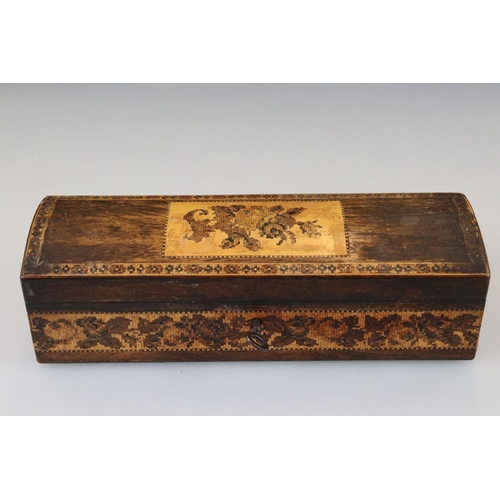 97 - Tunbridge ware sewing needle box with floral rose inlay design and domed top, with working key, 22cm... 