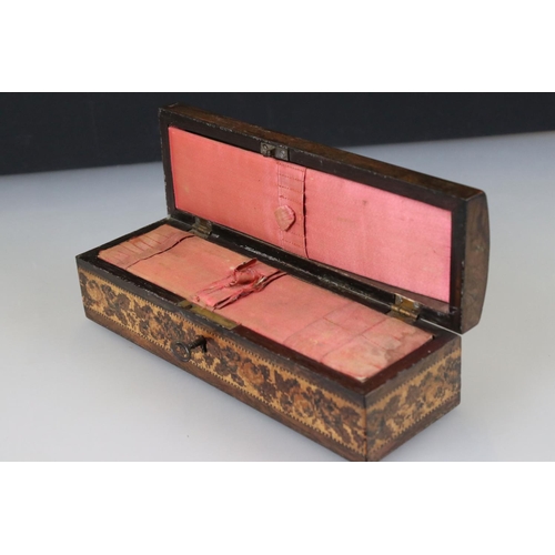 97 - Tunbridge ware sewing needle box with floral rose inlay design and domed top, with working key, 22cm... 