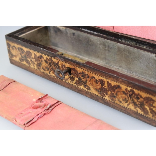 97 - Tunbridge ware sewing needle box with floral rose inlay design and domed top, with working key, 22cm... 