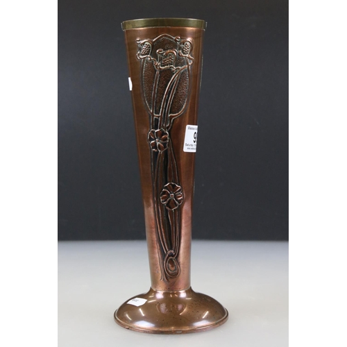 99 - Art Nouveau ' Beldray ' Copper Vase with embossed decoration, 28.5cm high