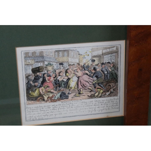 448 - Set of four framed and glazed satirical prints of early 19th century figures mounted in burr wood fr... 