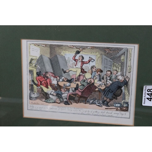 448 - Set of four framed and glazed satirical prints of early 19th century figures mounted in burr wood fr... 